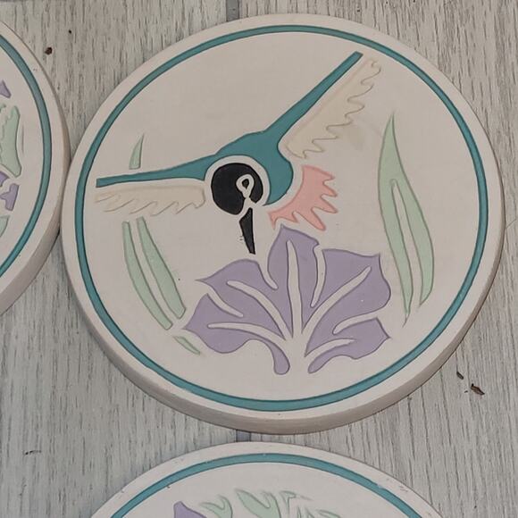 Vtg Southwestern Hummingbird Ceramic Coaster Set Of 4 NWOT Coastal Boho - Picture 4 of 11